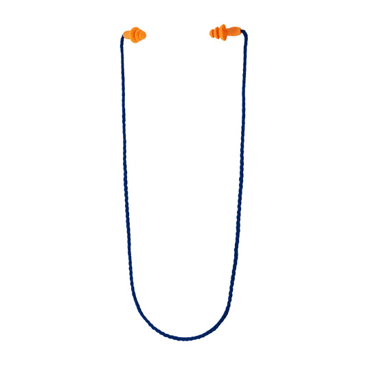 Der 3M™ Gehörschutzstöpsel mit Kordel 1271, orange mit dunkelblauer Kordel, Drei-Flansch-Design, wiederverwendbar, SNR-Wert 26 dB, von 3M Deutschland GmbH - als einzelnes Paar vor weißem Hintergrund.