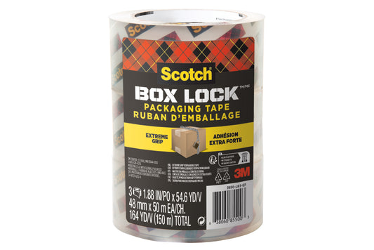 Eine Rolle 3M Scotch® Box Lock™ Verpackungsklebeband 3950-LR3-DC (48 mm x 50 m) mit einem schwarz-gelben, zweisprachigen Etikett ("Extreme Grip") sowie einer Verpackungsabbildung. Verkauft in einer Packung mit 3 Rollen von 3M Deutschland GmbH.