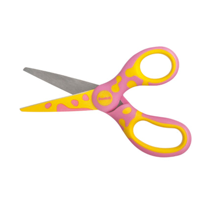 The Scotch™ DECO children's scissors from 3M Deutschland GmbH, 13 cm, shown in pink with playful handles and rounded tips, is ideal for craft projects. The metal blades are slightly open, photographed on a white background.