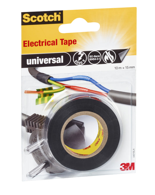Eine Verpackung von Scotch® Isolierband universal (10 m x 15 mm, 1 Rolle) der 3M Deutschland GmbH zeigt eine schwarze Klebebandrolle und eine Abbildung von mit Klebeband umwickelten Drähten auf einer gelb-roten Verpackung mit Produktangaben.