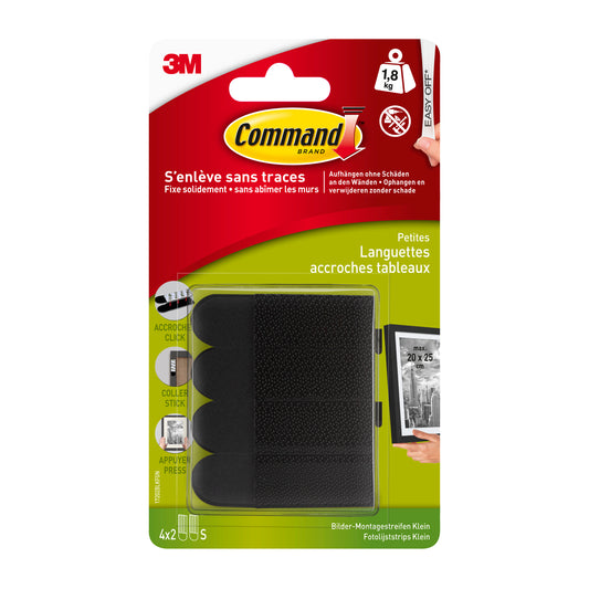 Eine Packung 3M Deutschland GmbH Command™ Bilder-Montage Strips S, klein, schwarz, 17202BLK (1 Stück), in Originalverpackung mit französischen und deutschen Angaben und Abbildungen zur Verwendung für das Aufhängen von Rahmen bis zu 1,8 kg.