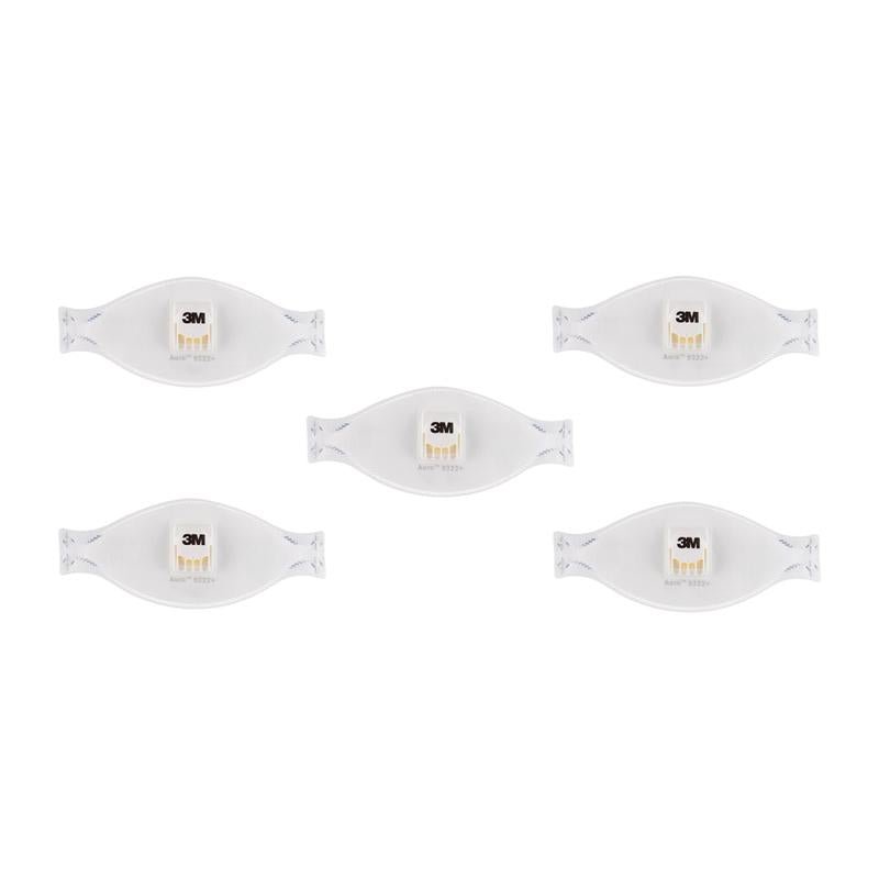Five identical 3M™ Aura™ Comfort Cool Flow™ Particulate Respirators 9322+, FFP2, with valve from 3M Deutschland GmbH are evenly distributed on a white background, each bearing the central 3M logo and the product number.