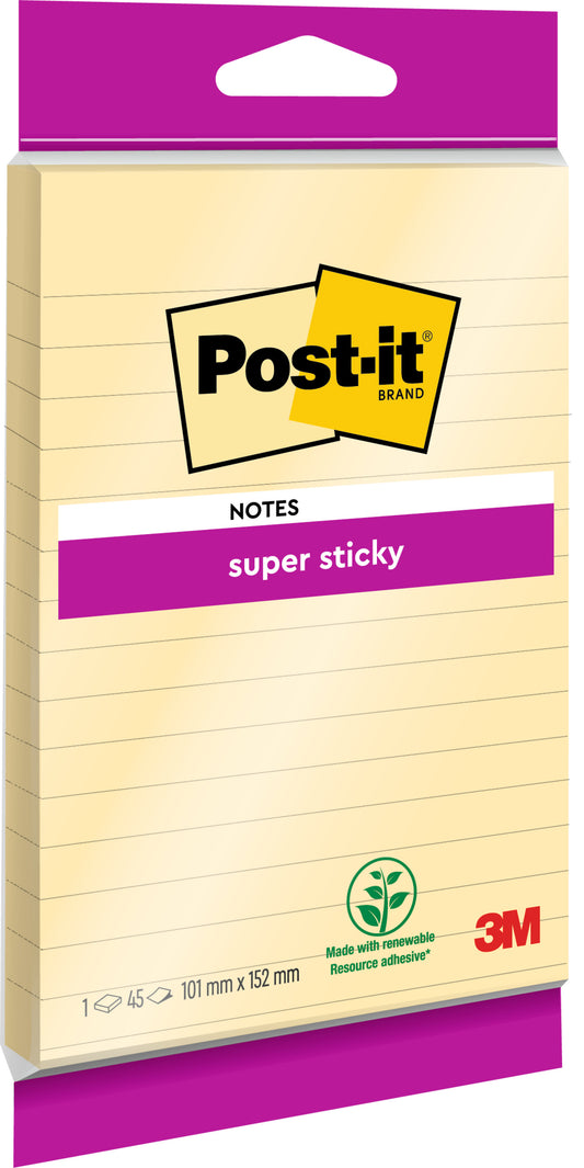 Post-it® Super Sticky Notes im Großformat von 3M Deutschland GmbH: Liniert, extra starker Halt, 102 x 152 mm, 45 Blatt pro Block, aus 100% PEFC-zertifiziertem Papier.