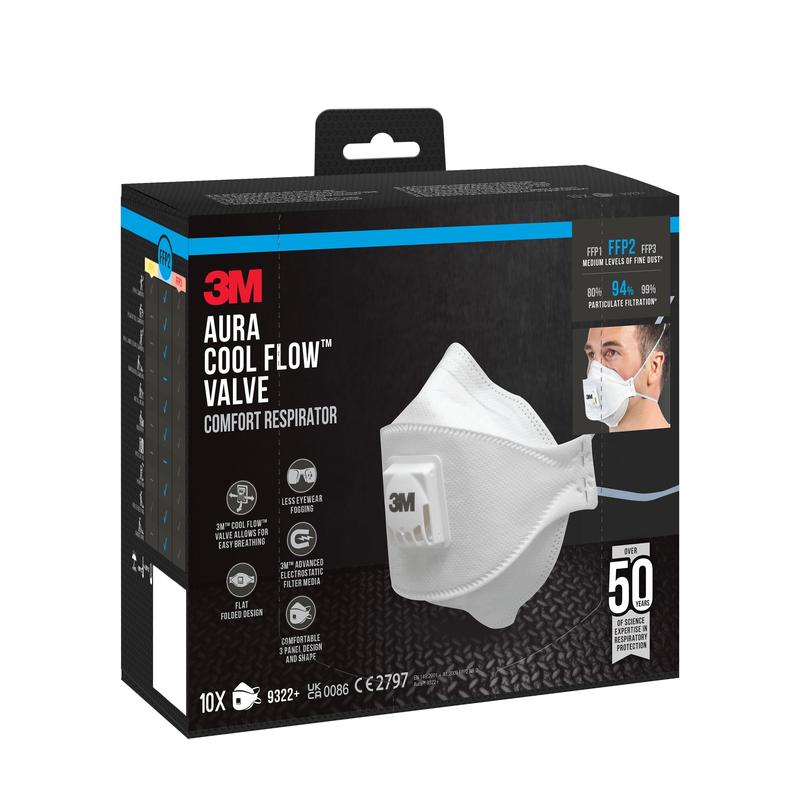 A box of 3M™ Aura™ Comfort Cool Flow™ Particulate Respirator 9322+, FFP2, with valve from 3M Deutschland GmbH, with a white mask with valve. The box includes the note "50 individual pieces" and details on filtration and protection functions.