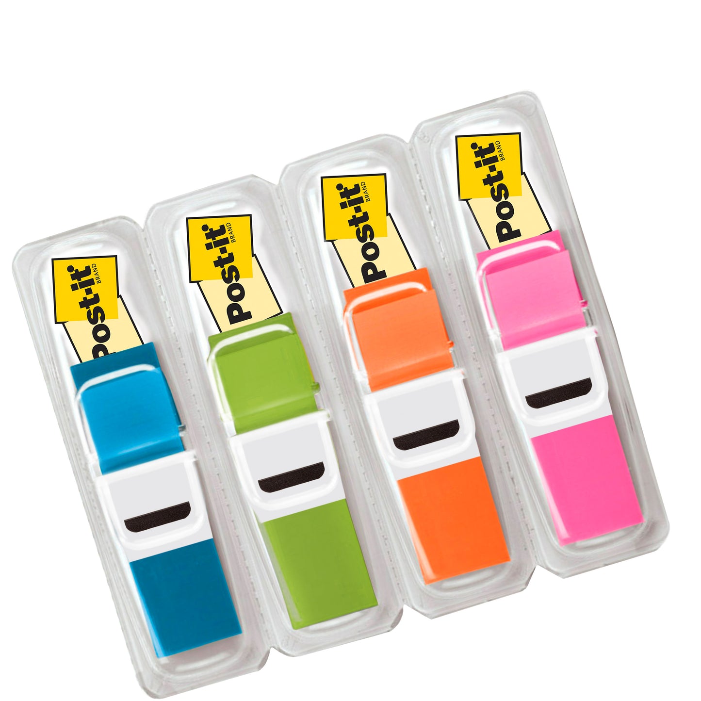 Four packs of 3M Deutschland GmbH Post-it® Index Tabs Mini, translucent colors (blue, green, orange, pink), each 11.9 x 43.2 mm and 35 strips per dispenser. Ideal for marking and organizing.