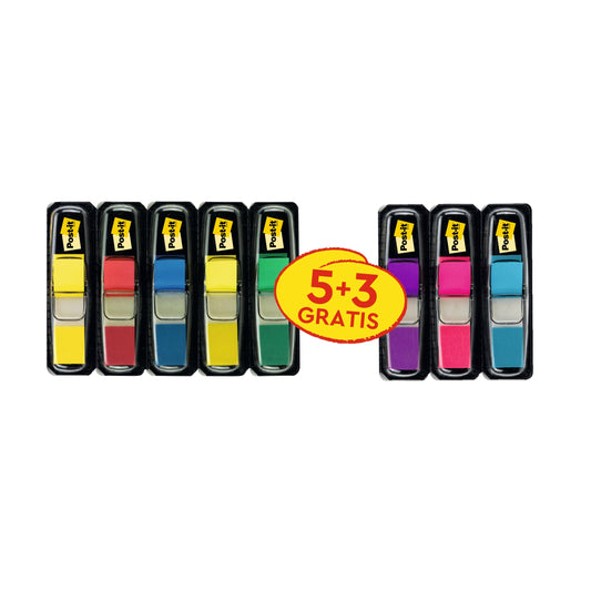 Acht Packungen Post-it® Index Haftstreifen Mini (3M Deutschland GmbH) in verschiedenen Farben sind in zwei Reihen abgebildet, mit einem Etikett "5 + 3 GRATIS". Jeder Spender fasst 35 Streifen; die Packung enthält 5 Spender plus 3 Gratisstreifen (11,9 mm x 43,2 mm).