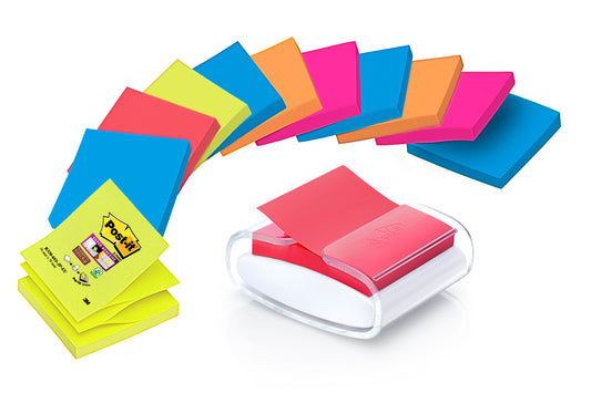 Eine geschwungene Reihe von bunten Haftnotizblöcken und ein schwarzer Post-it® Z-Notes Dispenser mit gelben Super Sticky Z-Notes (76x76 mm, 90 Blatt) der 3M Deutschland GmbH werden gezeigt.