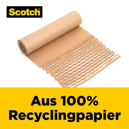 A partially unrolled Scotch™ Cushion Lock™ protective packaging (30.4 cm x 9.14 m, 1 roll) from 3M Deutschland GmbH is pictured on a white background with "Made from 100% recycled paper" for delicate items on a yellow label.