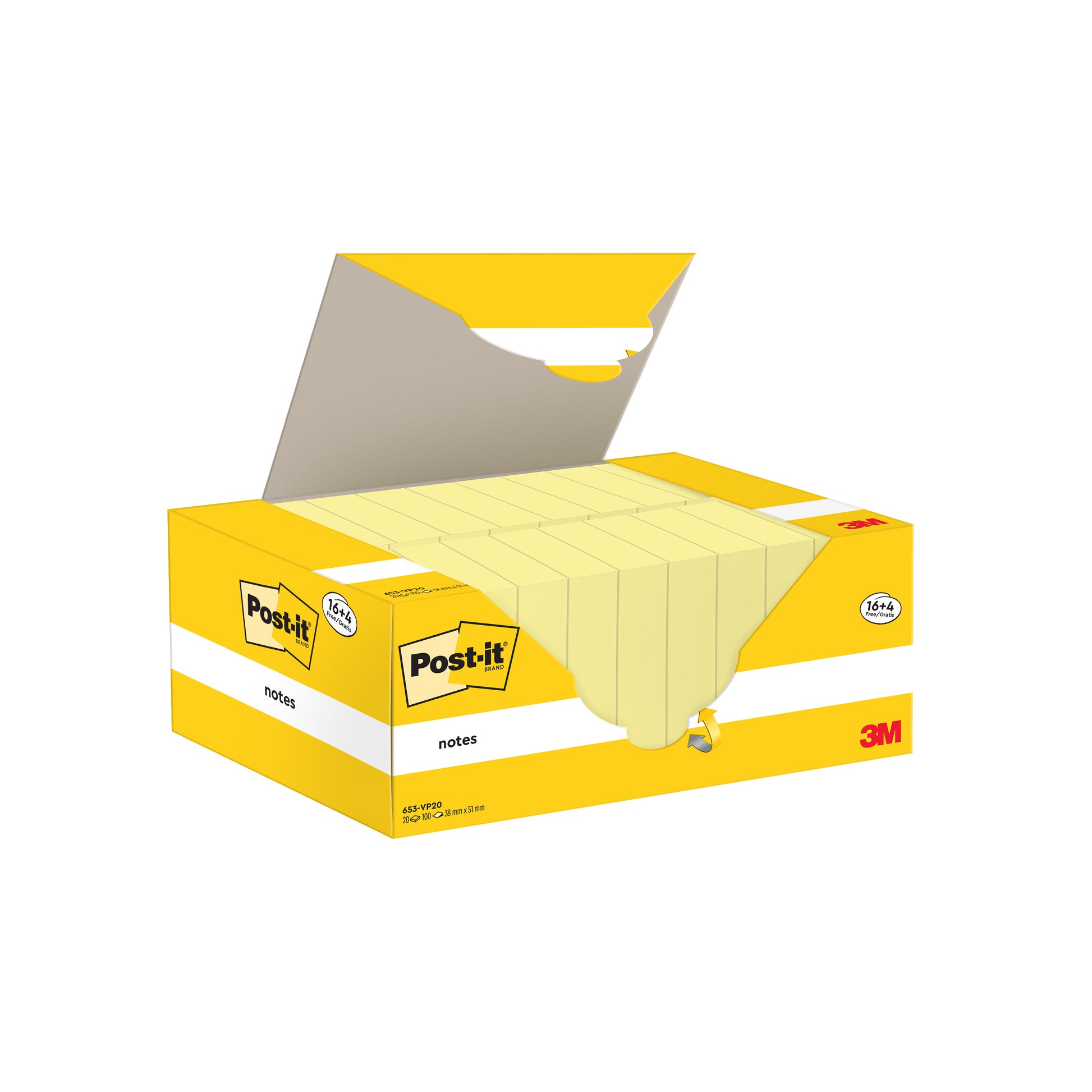 Eine geöffnete gelbe Schachtel Post-it® Notes der 3M Deutschland GmbH offenbart mehrere Blöcke im Format 38 x 51 mm (16 + 4 gratis, jeder mit 100 Blatt). Auf der Schachtel sind die Logos abgebildet und es wird darauf hingewiesen, dass die Blöcke aus 100% PEFC-zertifiziertem Papier hergestellt sind.
