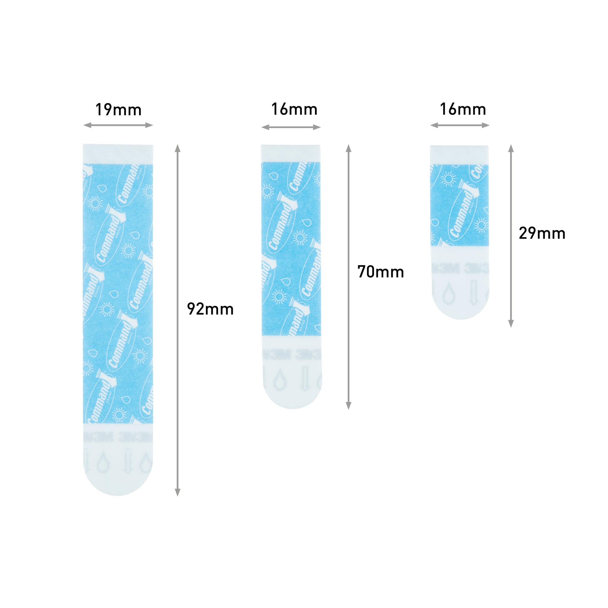 Drei blaue Command™ wasserresistente Streifen von 3M Deutschland GmbH, beschriftet mit S (16×29mm), M (16×70mm) und L (19×92mm) mit weißen Reagenzglas-Symbolen, sind mit Pfeilen dargestellt, die ihre Abmessungen angeben. Multipack: 8 S, 4 M, 4 L.