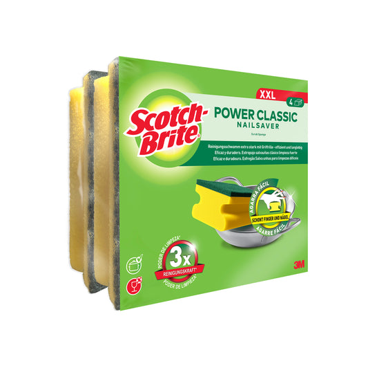 Eine Packung mit 4 Scotch-Brite® Classic Griffschwamm XXL von 3M Deutschland GmbH, abgebildet auf weißem Hintergrund mit sichtbaren Produktangaben auf der Verpackung.