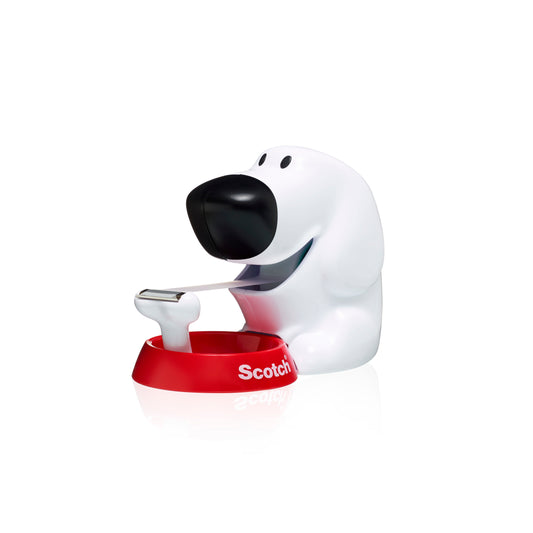 Der Scotch™ Tischabroller im Hunde Design C31 von 3M Deutschland GmbH ist ein weißer Cartoon-Hund mit rotem Sockel und "Scotch"-Schriftzug. Das Magic™ Klebeband (19mm x 8,89m) steckt im Maul, der Abroller hat vorne eine Klinge. Hintergrund: weiß.