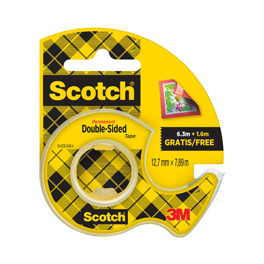 Eine Packung Scotch® doppelseitiges Klebeband von 3M Deutschland GmbH, 12,7 mm x 7,89 m, enthält einen transparenten Handabroller und bietet 25 % Extra gratis. Enthält eine Rolle.