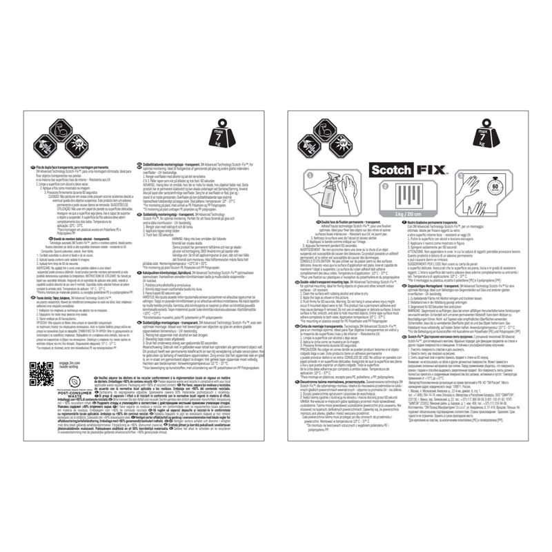 Instructions for use of the Scotch-FIX™ Transparent Double-Sided Mounting Tape 4910C from 3M Deutschland GmbH, with two pages featuring a 7 kg limit symbol, application images, and multilingual safety instructions.