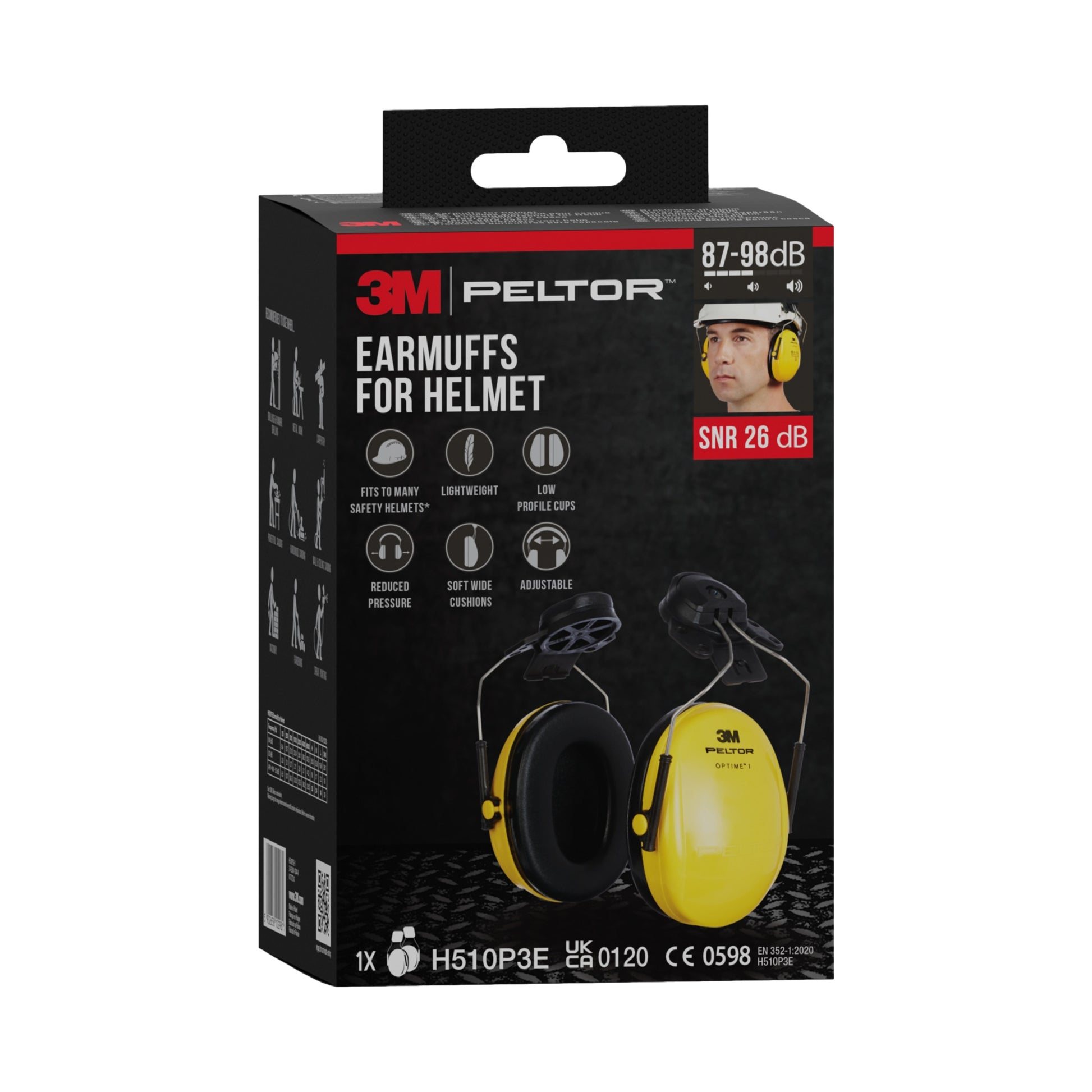 Eine schwarz-rote Schachtel mit 3M™ PELTOR™ Optime™ I Helm-Kapselgehörschützern (H510P3E, SNR 26 dB) der 3M Deutschland GmbH zeigt ein Foto des gelben Kapselgehörschützers und eines Benutzers, der ihn trägt, wobei die wichtigsten Merkmale auf der Verpackung hervorgehoben sind.