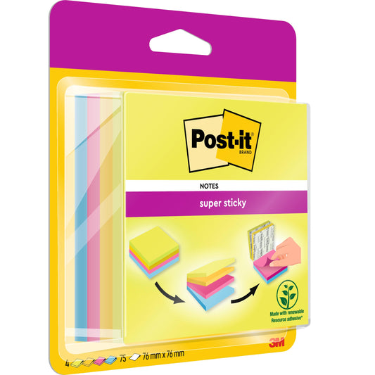 Eine Packung Post-it® Super Sticky Easy Select-Würfel von 3M Deutschland GmbH enthält 4 farblich sortierte Blöcke mit je 75 Blatt (76 mm x 76 mm) aus 100% PEFC-zertifiziertem Papier. Die Verpackung hebt die einfache Entnahme von Notizen und die Verwendung erneuerbarer Ressourcen hervor.