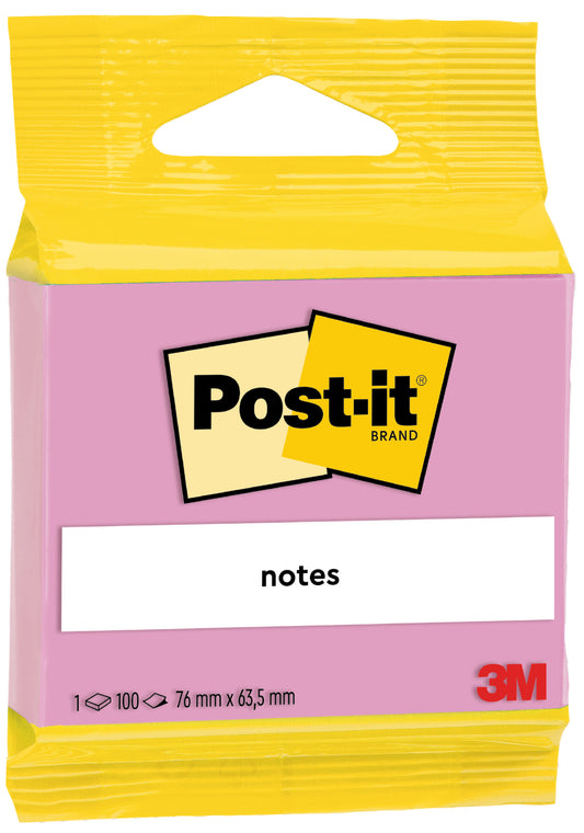 Eine Packung 3M Post-it® Notes (63,5 x 76 mm, 100 Blatt) der 3M Deutschland GmbH, 100% PEFC-zertifiziert, mit gelber Oberseite, rosa Vorderseite, "notes" und "Haftnotizen" auf dem Etikett und dem roten 3M-Logo unten rechts.