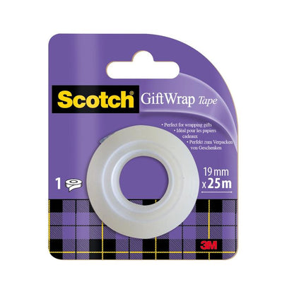 A 3M Deutschland GmbH Scotch® gift satin tape refill pack, 1 roll (19 mm x 25 m), in purple-black checkered design with information in English, French, and German - perfect for gift wrapping.