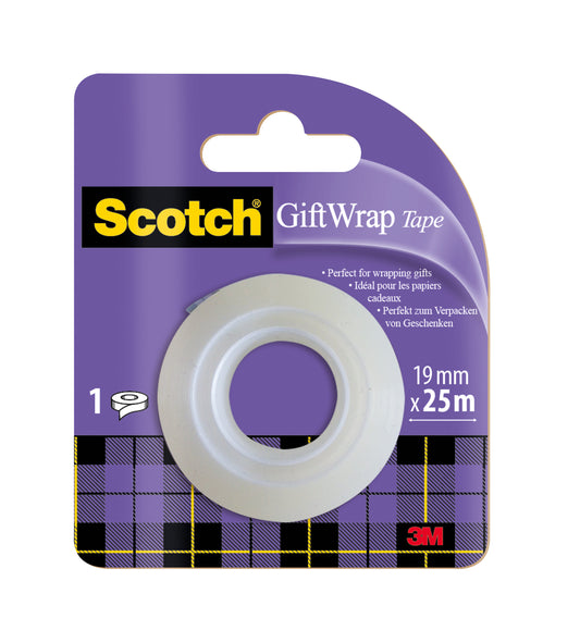 Scotch® Geschenk-Satinklebeband, Nachfüllpackung von 3M Deutschland GmbH (1 Rolle, 19 mm x 25 m), mit lilafarbenem Hintergrund, kariertem Muster an der Unterseite und einer Auflistung der Eigenschaften in Deutsch, Englisch und Französisch.