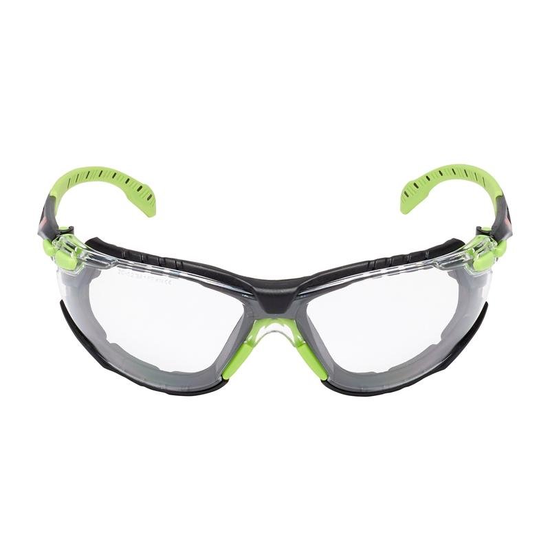 The 3M™ Solus™ Safety Glasses 1000 from 3M Deutschland GmbH are clear safety glasses with a black and green frame, upward-curved side arms, textured grips, Scotchgard™ anti-fog coating, and attachable foam gasket.