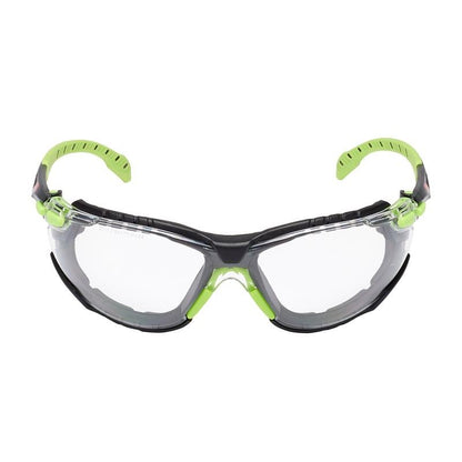 The 3M™ Solus™ Safety Glasses 1000 from 3M Deutschland GmbH are clear safety glasses with a black and green frame, upward-curved side arms, textured grips, Scotchgard™ anti-fog coating, and attachable foam gasket.