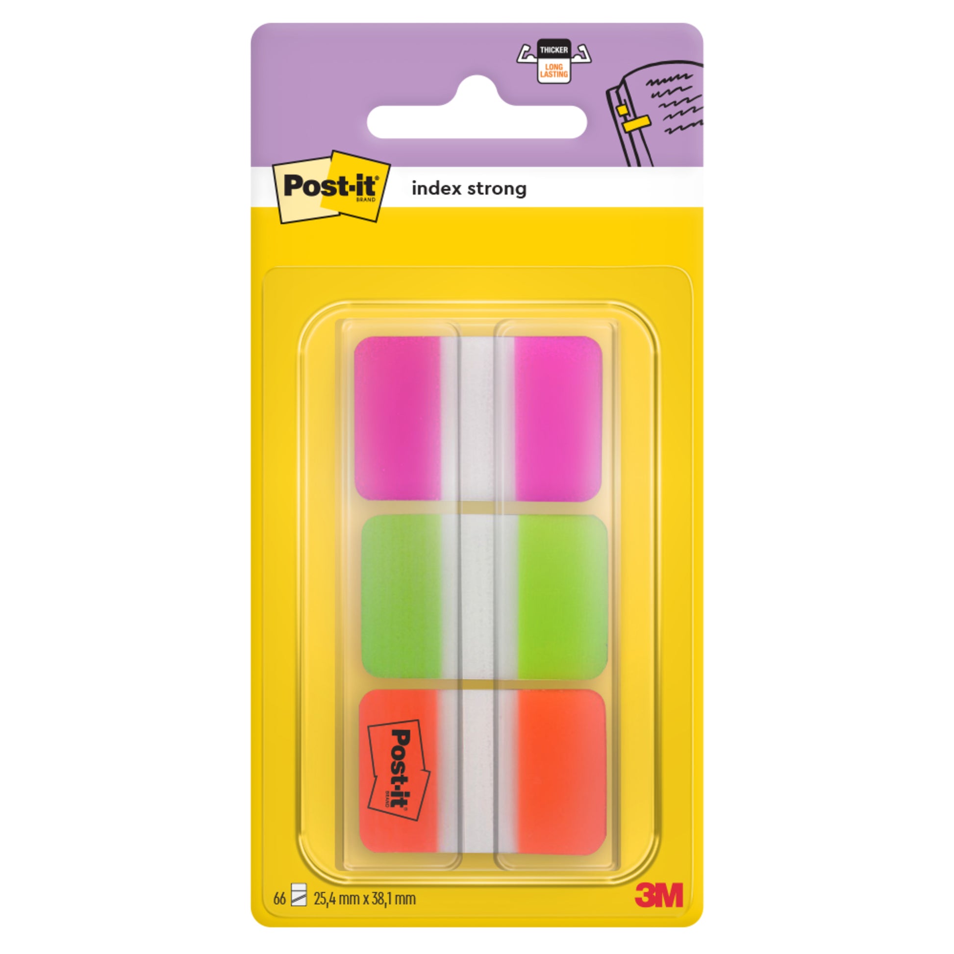 Eine Packung Post-it® Index Strong Ablagetabs von 3M Deutschland GmbH, Standardgröße (25,4 x 38,1 mm), farblich sortiert, 66 Tabs pro Spender, eingeschweißt in Kunststoff auf gelbem und violettem Trägerpapier.