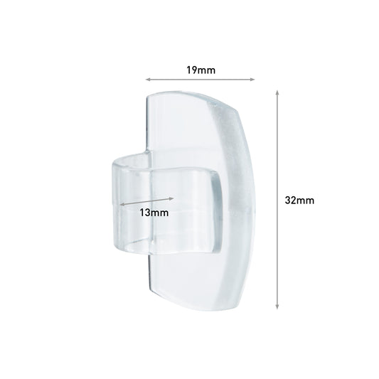 Die Command™ transparente Clips für runde Kabel (3M Deutschland GmbH) sind von der Seite auf einem schlichten weißen Hintergrund abgebildet, mit beschrifteten Abmessungen: 19 mm Breite, 32 mm Höhe und 13 mm Tiefe. Die Packung enthält 4 Clips + 5 Streifen.