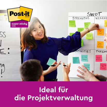 Eine Frau zeigt auf eine SWOT-Tafel mit bunten Haftnotizen, während eine Gruppe diskutiert; das 3M Post-it® Super Sticky Notes Logo und der Hinweis "Ideal für die Projektverwaltung" sind zu sehen.