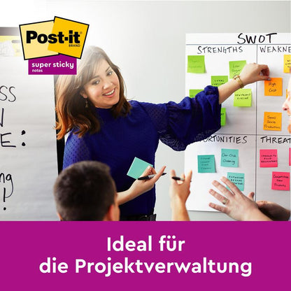 A woman in a blue blouse is leading a workshop and pointing to a SWOT analysis with colorful Post-it® Super Sticky Notes (76 mm x 76 mm, 90 sheets/block, 100% PEFC) from 3M Deutschland GmbH, while others participate.