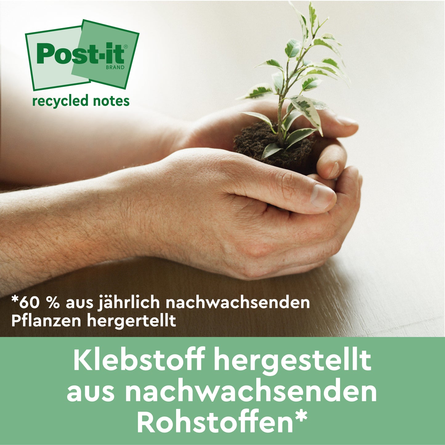 A person holds a small plant with soil, next to a German text advertising Post-it® Recycling Notes (38 mm x 51 mm, 100 sheets/block, 100% PEFC) from 3M Deutschland GmbH, highlighting the adhesive made from annually renewable resources.