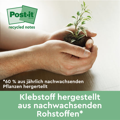 A person holds a small plant with soil next to a green banner in German, indicating that Post-it® Recycling Z-Notes (76x76 mm, 100 sheets/block, 100% PEFC) by 3M Deutschland GmbH are made from renewable resources and annually renewable plants.