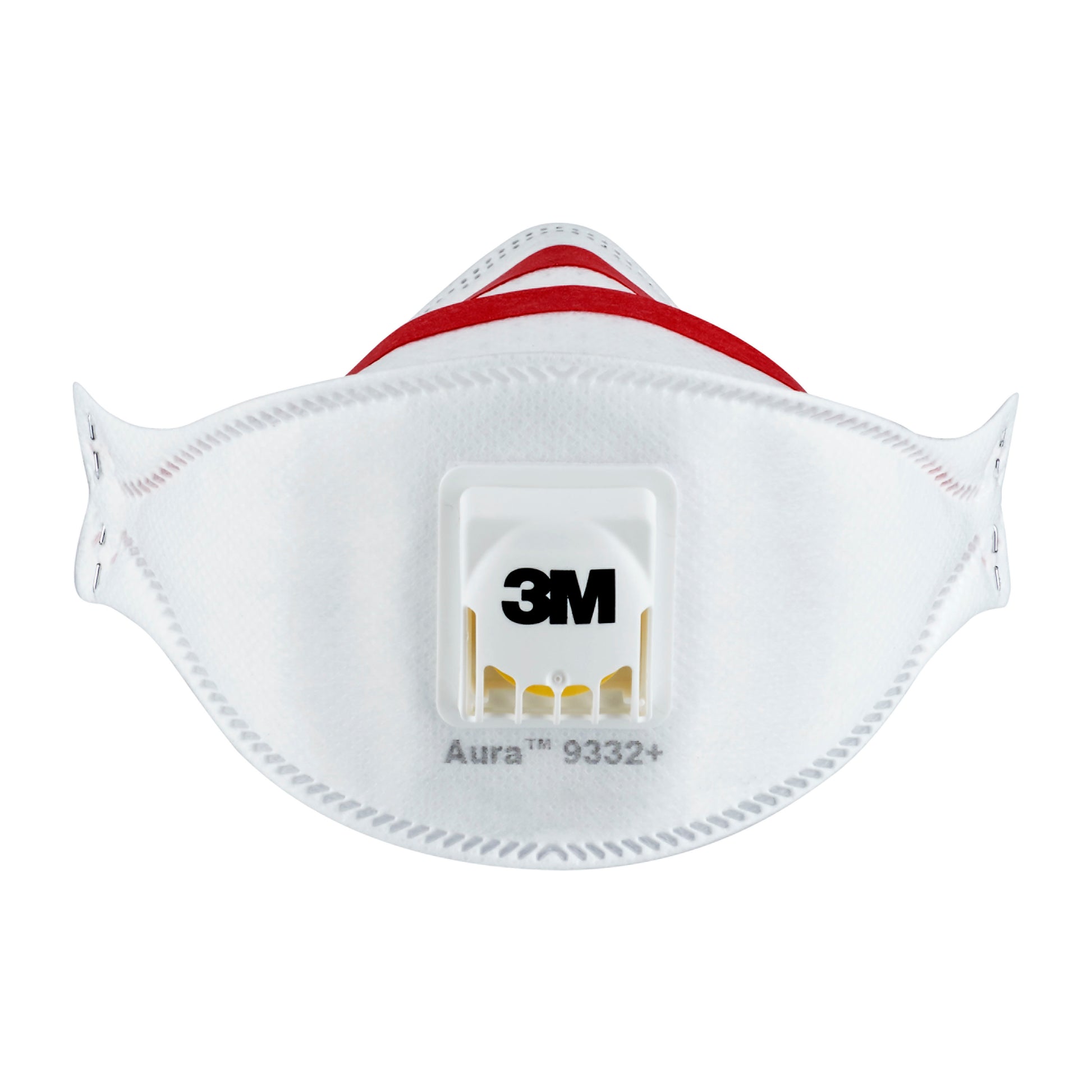 Vorderansicht der 3M™ Aura™ Comfort Cool Flow™ Partikelmaske 9332+, FFP3, von 3M Deutschland GmbH, mit Zentralventil, sichtbaren Nähten, roten Bändern und aufgedruckten Marken- und Modellangaben.