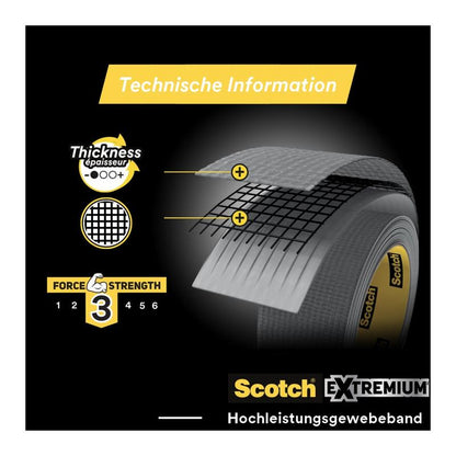 A diagram of the black Scotch® Extremium™ Universal Adhesive Tape (3 m x 19 mm, 3M Deutschland GmbH) shows reinforced layers, labeled with thickness and strength level 3, with the German text "Technical Information" and "High-performance fabric tape".