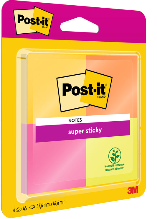 Eine Packung Post-it® Super Sticky Notes der 3M Deutschland GmbH enthält 4 Blöcke in verschiedenen Farben mit je 45 Blatt (47,6 mm x 47,6 mm) und verwendet PEFC-zertifiziertes Papier (SGSCH-PEFC-COC-110078) für Nachhaltigkeit.