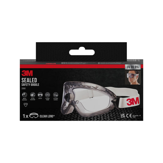 Eine Schachtel der 3M™ Schutzbrille 2890, versiegelt, Klarsichtscheibe (1 Stück) der 3M Deutschland GmbH zeigt Produktbilder, Informationen und Schutzsymbole; ein kleines Foto zeigt eine Person, die die Schutzbrille trägt.