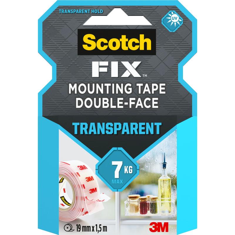 The packaging of the Scotch-FIX™ Transparent Double-Sided Mounting Tape 4910C from 3M Deutschland GmbH shows a tape roll near objects on a windowsill. The label indicates a maximum weight of 7 kg and a tape size of 19 mm x 1.5 m.