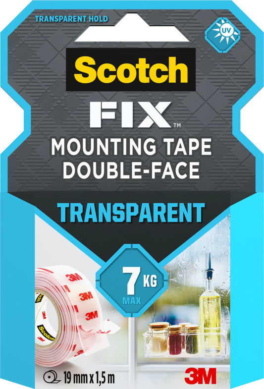 Die Verpackung des Scotch-FIX™ Transparentes doppelseitiges Montageband 4910C der 3M Deutschland GmbH zeigt eine Klebebandrolle in der Nähe von Gegenständen auf einer Fensterbank. Auf dem Etikett sind das maximale Gewicht von 7 kg und die Bandgröße von 19 mm x 1,5 m angegeben.