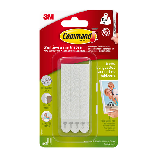 Eine Packung 3M Deutschland GmbH Schmale Command™ Bilder-Montage Strips (M) 17207 (1 Stück), geeignet für kleine Rahmen, hält bis zu 5,4 kg. Die Verpackung ist hauptsächlich rot, grün und gelb mit Bildern und Anweisungen auf der Vorderseite.