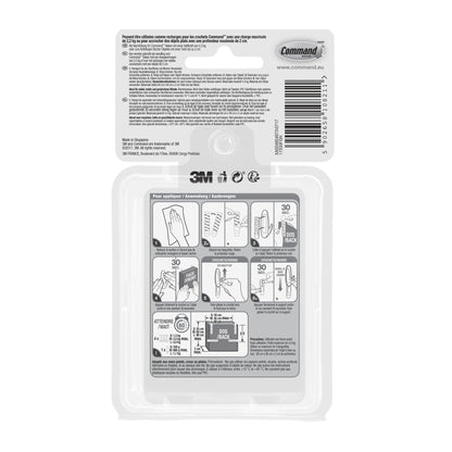 Die Abbildung zeigt die Vorder- und Rückseite einer 3M Deutschland GmbH Multipack Command™ Strips, 17200 | Packung (1 Stück) Verpackung mit Montageanleitung, einschließlich Symbolen und Diagrammen zum Anbringen und Entfernen der Klebestreifen.