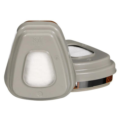 Two gray 3M™ Filter Set 6003-1, A2P3 filter cartridges from 3M Deutschland GmbH with visible white filter material, designed for protection against organic vapors - one lying down and the other slightly supported backward.
