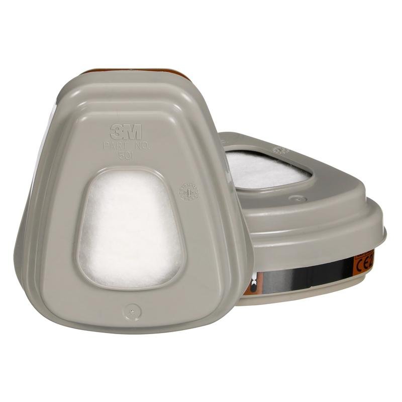 Pictured are two gray 3M™ Filter Set 6002-1SP, A2P2 organic vapors from 3M Deutschland GmbH with central white filter window and clear markings. Ideal protection against organic vapors. Package contains 2x6055, 2x5925, 2x501.