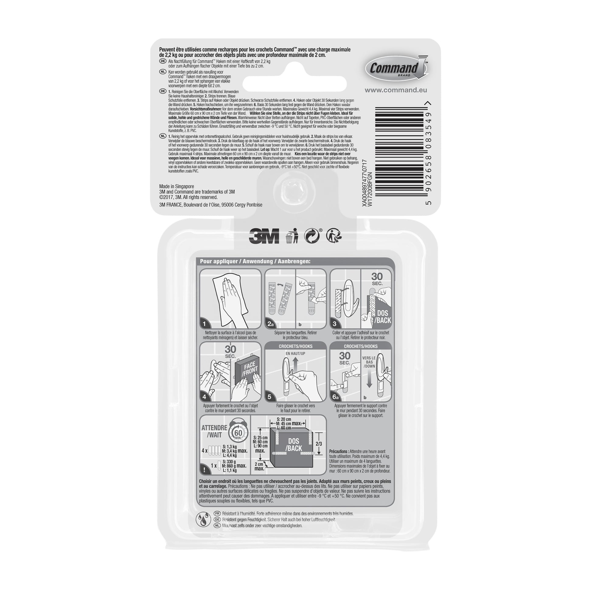 Rückansicht eines Command™ Wasserresistente Strips Multipack (3M Deutschland GmbH) mit bebilderter französischer Gebrauchs- und Abziehanleitung, Warnhinweisen, Barcode und 3M Logo. Das Multipack enthält 8×S, 4×M und 4×L Streifen.