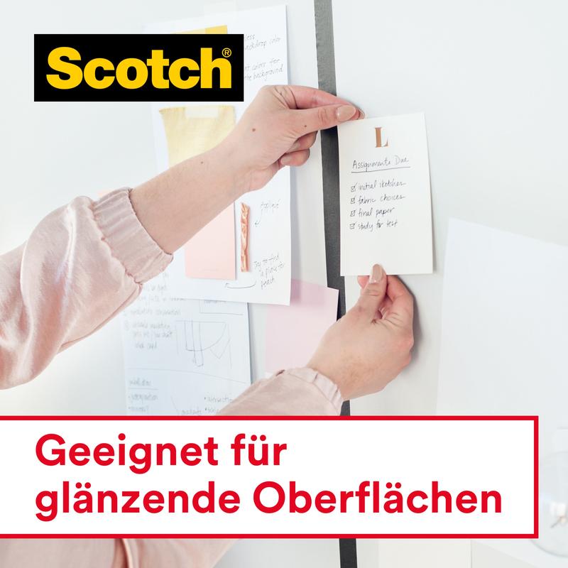 A note is attached to a whiteboard with Scotch® Crystal Tape, 19 mm x 25 m, 1 roll + 8 m FREE from 3M Deutschland GmbH. Other papers and sticky notes are also attached. Text: "Suitable for glossy surfaces.