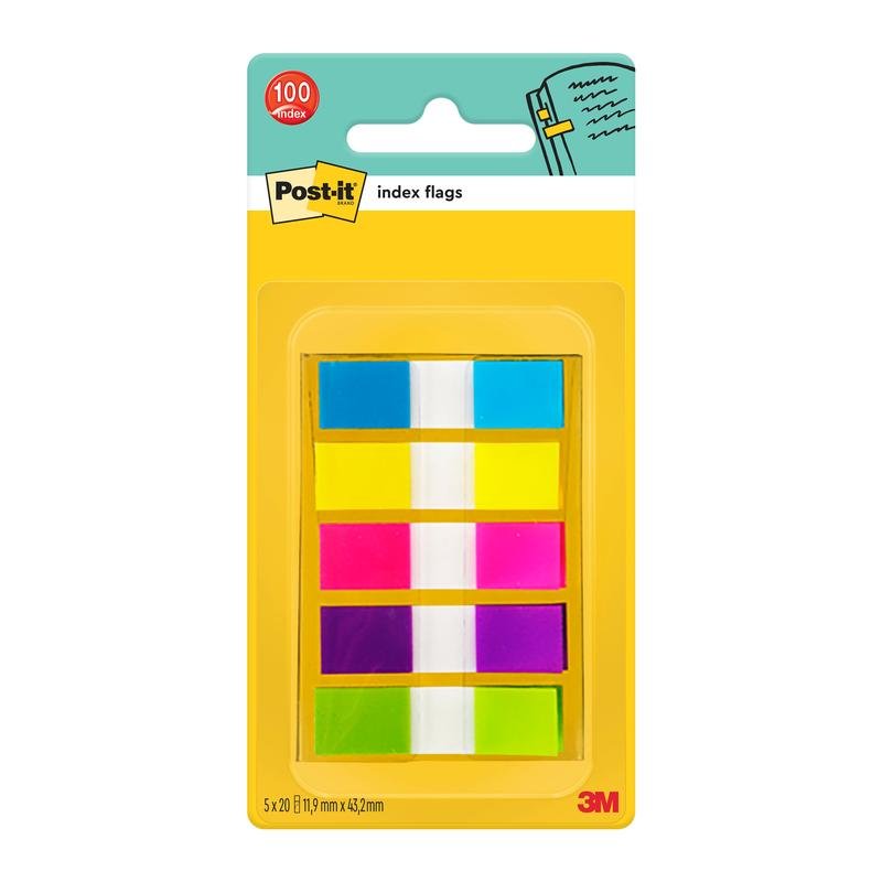 The Post-it® Index Tabs Mini from 3M Deutschland GmbH contains 100 tabs in the colors blue, yellow, pink, green, and orange (Size: 11.9 mm x 43.2 mm), arranged on a yellow and orange backing card.