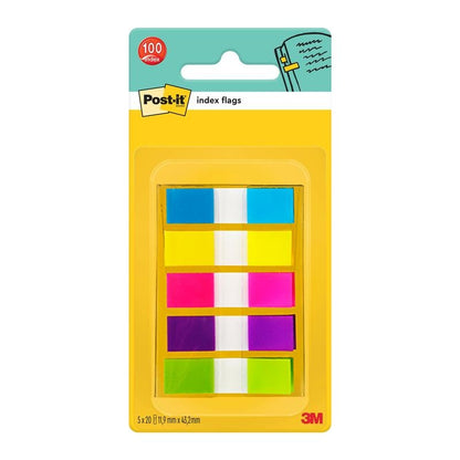 The Post-it® Index Tabs Mini from 3M Deutschland GmbH contains 100 tabs in the colors blue, yellow, pink, green, and orange (Size: 11.9 mm x 43.2 mm), arranged on a yellow and orange backing card.
