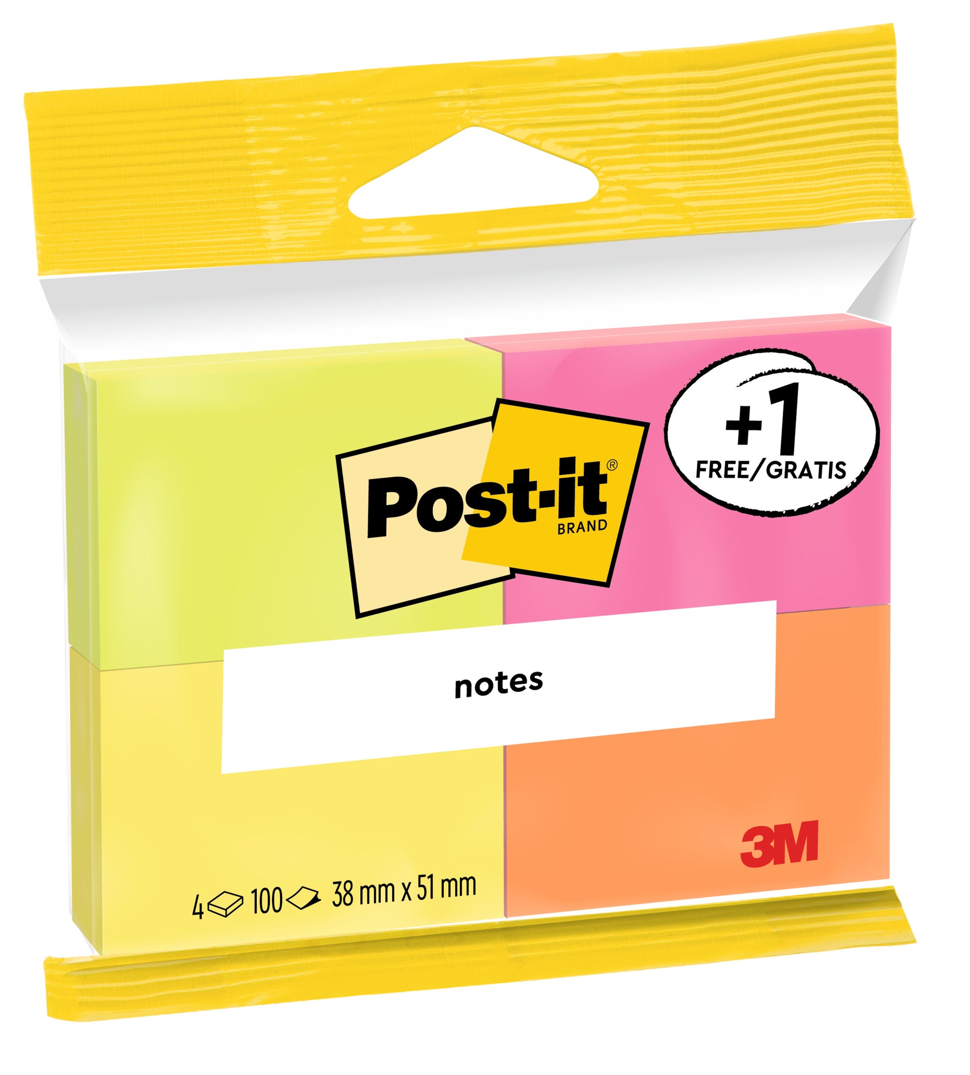 Eine Packung Post-it® Notes von 3M Deutschland GmbH in Neonfarben, 38 x 51 mm, 100 Blatt pro Block, 3 Blöcke plus 1 gratis pro Packung, aus 100% PEFC-zertifiziertem Papier (SGSCH-PEFC-COC-110078).