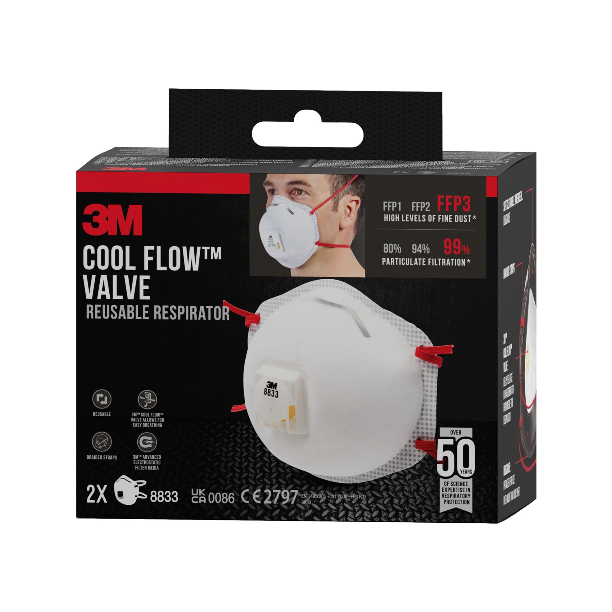 Ein 2er-Pack 3M™ Cool Flow™ Partikelmaske 8833, FFP3 mit Ventil von 3M Deutschland GmbH, abgebildet mit Maske und Träger; die Verpackung hebt die bis zu 99%ige Partikelfiltration und den FFP1/FFP2/FFP3 Schutz hervor.