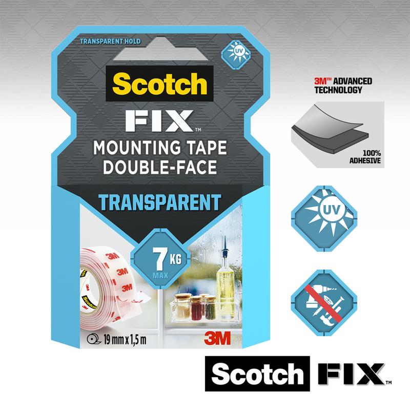 The Scotch-FIX™ Transparent Double-Sided Mounting Tape 4910C from 3M Deutschland GmbH supports up to 7 kg, measures 19 mm x 1.5 m, and is marked on the packaging with symbols for UV resistance, advanced 3M technology, and strong adhesive power.
