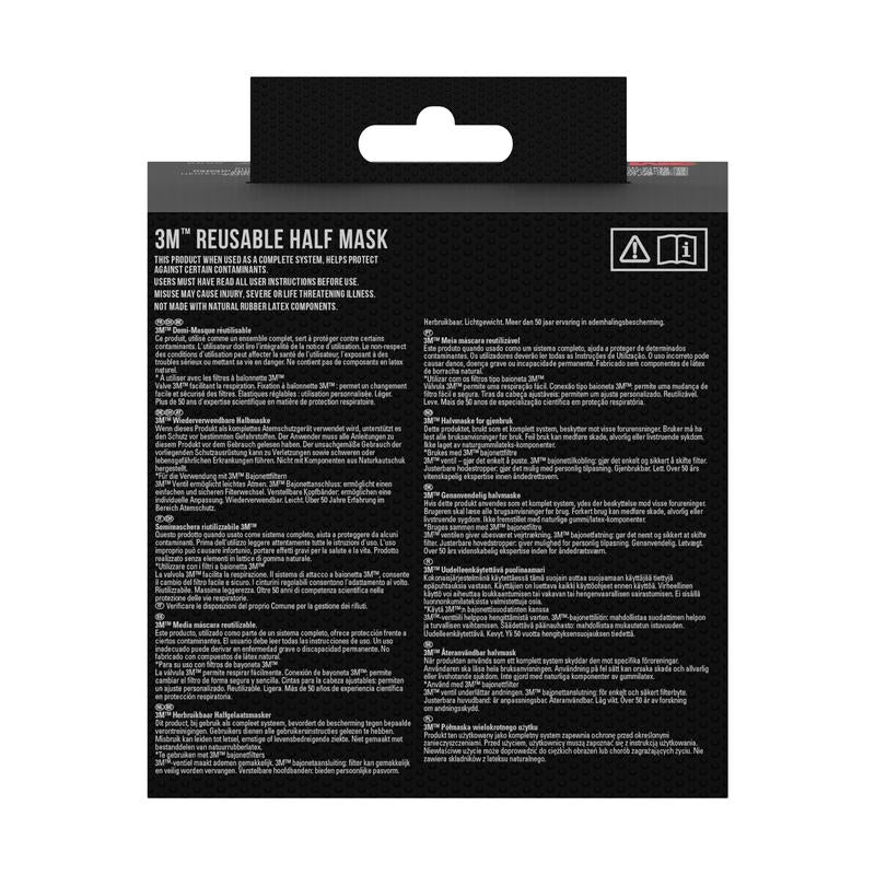 The back of the 3M Reusable Half Mask features multilingual instructions and compatible items like the 3M™ Filter Cartridge 6059, ABEK1 Combination Filter (1 Pair/Pack) from 3M Deutschland GmbH for optimal protection.