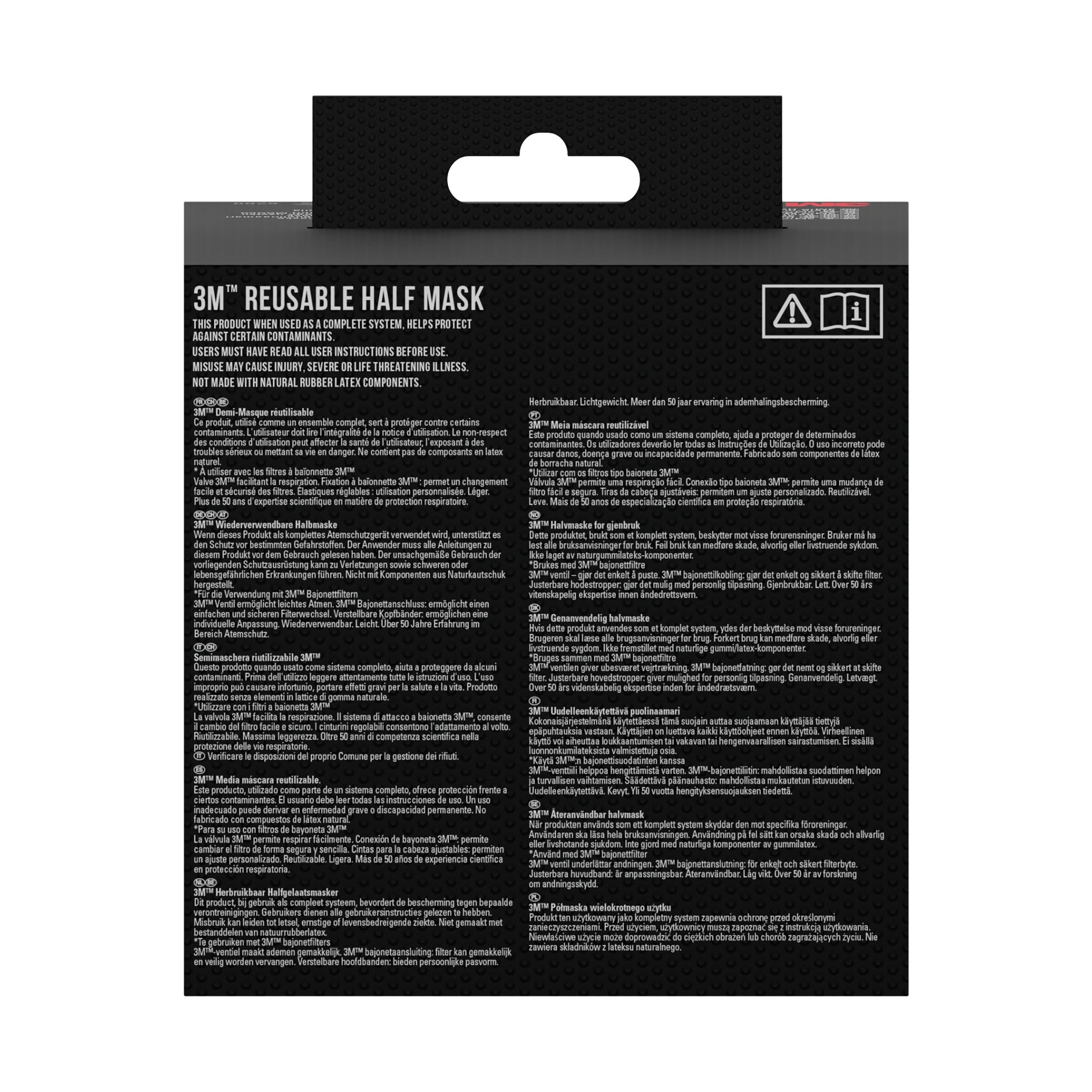 Die Rückseite der 3M™ Filterpatrone 6059 (ABEK1-Kombinationsfilter, 1 Paar/Packung) von 3M Deutschland GmbH zeigt Produktinfos, Sicherheitshinweise, Warnhinweise und mehrsprachigen Text in weiß auf schwarz. An der Oberseite befindet sich ein integrierter Aufhängehaken.
